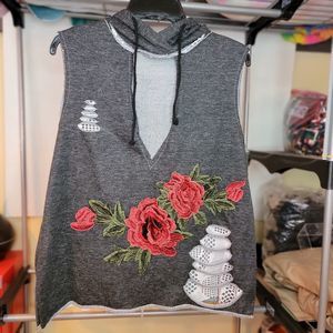 Cleo Hooded Knit Tank Deep V Neck & Embroidered Flowers - Size Medium NWOT